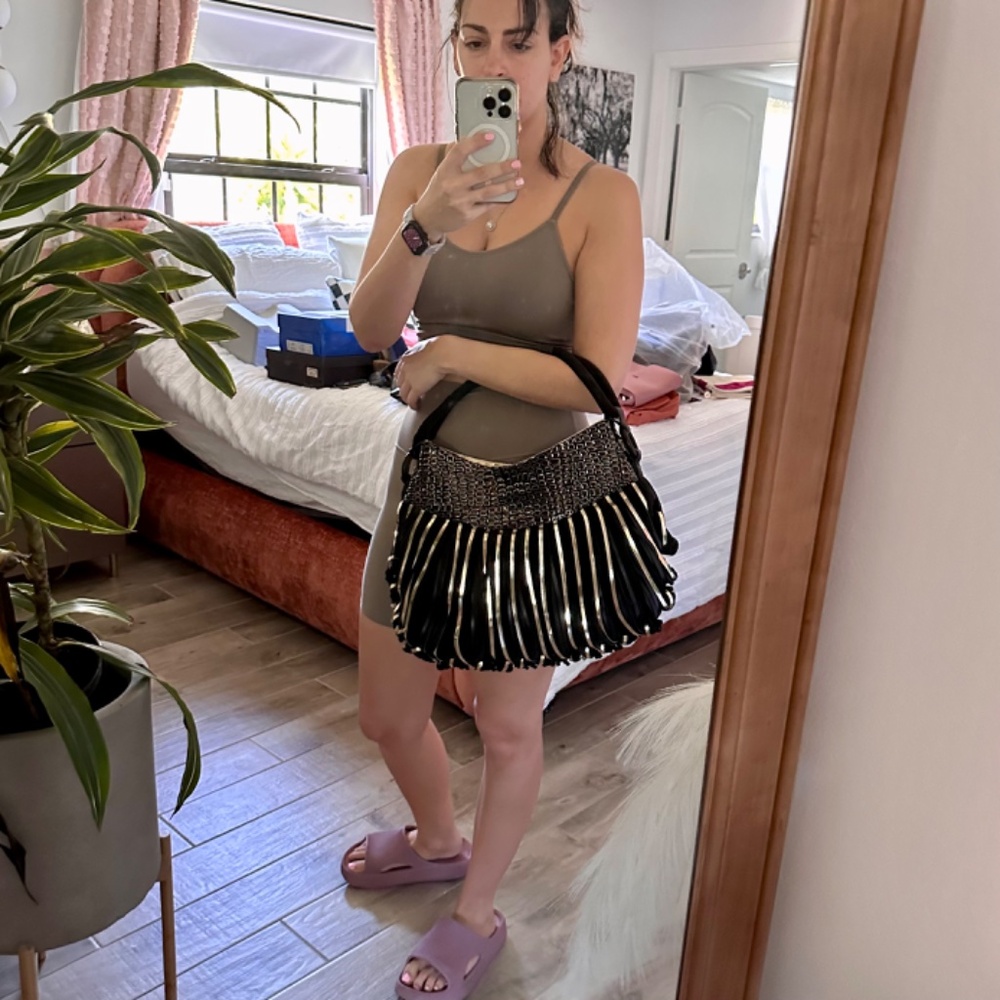 Katherine Kwei black and gold fringe handbag